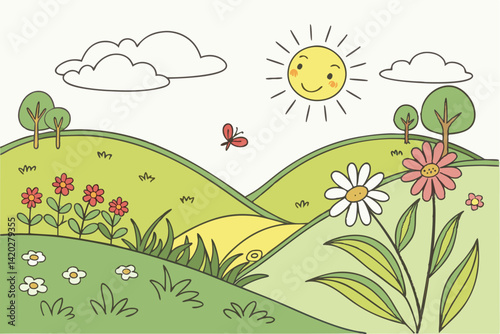 44 Cheerful cartoon landscape, rolling green hills, bright yellow sun, radiant sunbeams, blue sky, white clouds, colorful wildflowers, daisies, sunflowers, pink flowers, lush grass, springtime scene, 