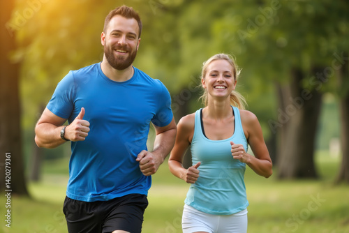 A man and woman smiling while running together in a lush, green park with trees in the background.