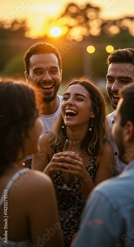 A group of friends enjoying a joyful gathering at sunset.