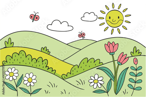 44 Cheerful cartoon landscape, rolling green hills, bright yellow sun, radiant sunbeams, blue sky, white clouds, colorful wildflowers, daisies, sunflowers, pink flowers, lush grass, springtime scene, 