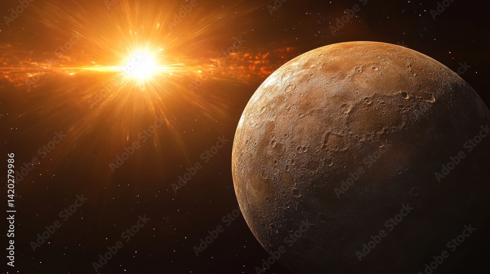 Stunning visual of mercury illuminated by the sun, showcasing rocky terrain and craters in space