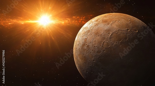 Obraz na płótnie Stunning visual of mercury illuminated by the sun, showcasing rocky terrain and craters in space w salonie