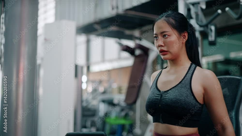 Determined young sportswoman performing intense leg press exercise, showcasing strength and fitness dedication during challenging gym training session Determined young sportswoman performing intense leg press exercise, showcasing strength and fitness dedication during challenging gym training session