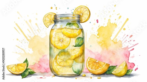 Watercolor background with a jar of lemon slices and leaves filled with water, fresh and artistic composition