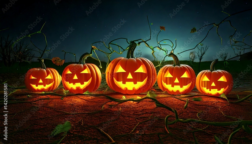 Spooky Halloween Jack-o'-lanterns Glowing in the Dark Night Spooky Halloween Jack-o'-lanterns Glowing in the Dark Night