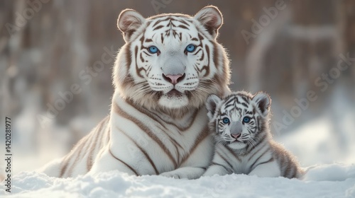 White tiger mother and cub in snowy forest