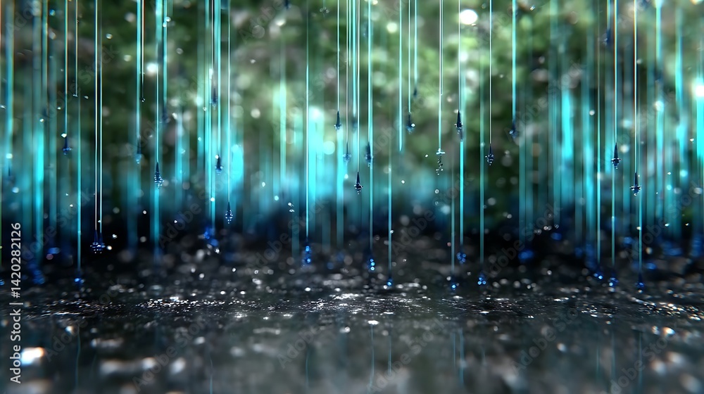 Serene Strings of Light Descending on Glistening Surface Under Verdant Canopy Magical Environment