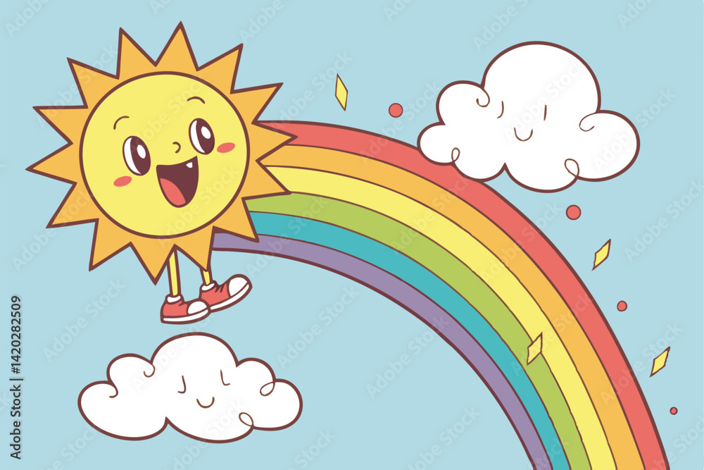 Fototapeta premium 46 Bright cartoon sun, vibrant rainbow arch, fluffy white clouds, cheerful weather illustration, colorful children's book style, clear blue sky background, optimistic mood, simple shapes, bold colors,