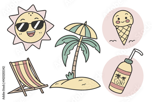 47 Cute summer icons, cartoon style, vibrant colors, smiling sun with sunglasses, happy ice cream cone, cheerful tropical drink, palm trees on island, suntan lotion bottle, beach chair with umbrella, 