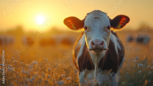 Calf in sunrise pasture, herd grazing in background