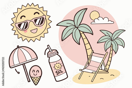 47 Cute summer icons, cartoon style, vibrant colors, smiling sun with sunglasses, happy ice cream cone, cheerful tropical drink, palm trees on island, suntan lotion bottle, beach chair with umbrella, 