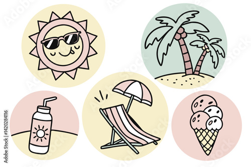 47 Cute summer icons, cartoon style, vibrant colors, smiling sun with sunglasses, happy ice cream cone, cheerful tropical drink, palm trees on island, suntan lotion bottle, beach chair with umbrella, 