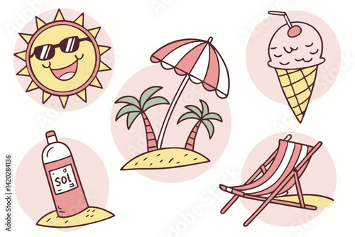 47 Cute summer icons, cartoon style, vibrant colors, smiling sun with sunglasses, happy ice cream cone, cheerful tropical drink, palm trees on island, suntan lotion bottle, beach chair with umbrella, 