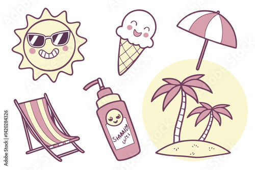 47 Cute summer icons, cartoon style, vibrant colors, smiling sun with sunglasses, happy ice cream cone, cheerful tropical drink, palm trees on island, suntan lotion bottle, beach chair with umbrella, 