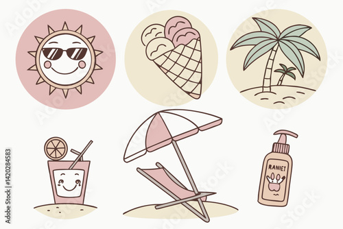 47 Cute summer icons, cartoon style, vibrant colors, smiling sun with sunglasses, happy ice cream cone, cheerful tropical drink, palm trees on island, suntan lotion bottle, beach chair with umbrella, 