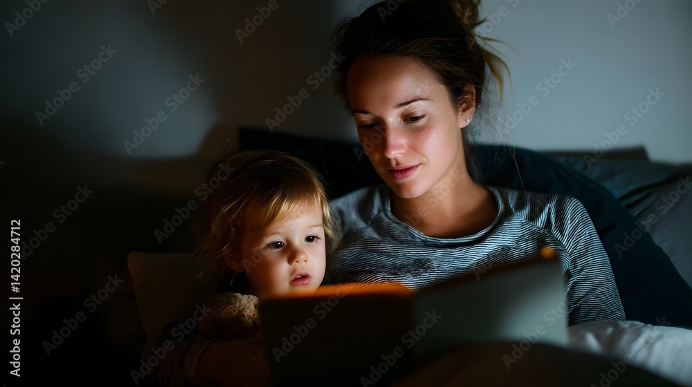 A mother reads to her child in bed. They are illuminated by the book's glow. A calming scene for a bedtime story. A mother reads to her child in bed. They are illuminated by the book's glow. A calming scene for a bedtime story.