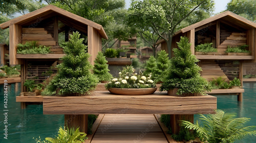 Fototapeta premium Serene Waterside Retreat with Lush Flora and Wooden Buildings in Tranquil Setting and Walkway.