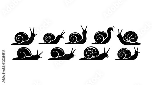Snail silhouette Set: A minimalist illustration showcasing a collection of stylized snail silhouettes in a neat row, ideal for design concepts and themes.