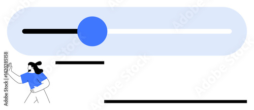 Individual pushing a slider bar with a blue circle forward, suggesting progress, change, and control. Ideal for productivity, growth, improvement, focus teamwork strategy efficiency. Flat simple