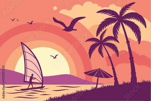 48 Vibrant tropical sunset, windsurfer silhouette, palm trees, beach umbrellas, colorful gradient sky, orange and purple hues, stylized clouds, seagulls in flight, calm ocean waters, vector art style,