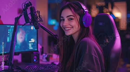 A smiling young woman with long, wavy red hair wearing black headphones sits at a white table in front of a laptop