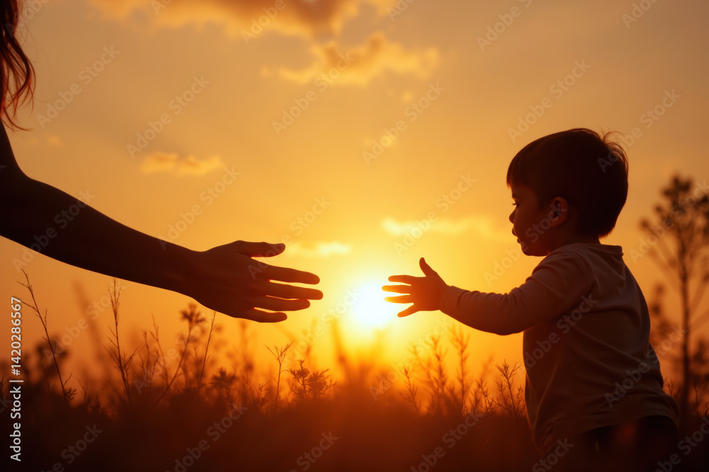 A silhouette of a child reaching out to an adult's hand against a vibrant sunset, set in a grassy field.