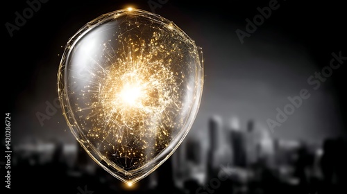 Shield of Light and Sparkles Overlayed on a Cityscape Security and Protection Concept Artwork