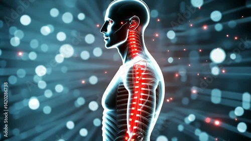 Futuristic Digital Representation of Human Anatomy Featuring Glowing Spine in Vibrant Blue Background