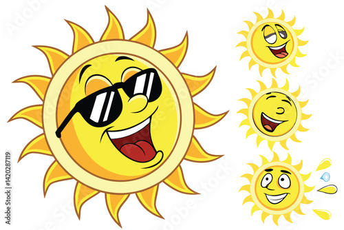 49 Sun emoji, cartoon sun, sunglasses, expressive faces, yellow, black shades, smiling sun, surprised sun, cool sun, happy sun, tongue out, sweating sun, 3D render, glossy, cheerful, summer vibes, vec