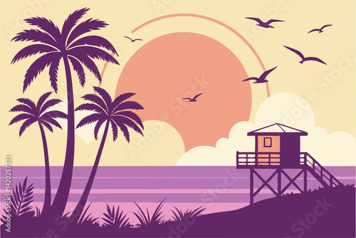 50 Tropical sunset beach, palm tree silhouettes, vibrant gradient sky, large sun, pastel colors, minimalist design, vector art style, purple ocean, lifeguard tower, seagulls, fluffy clouds, serene atm