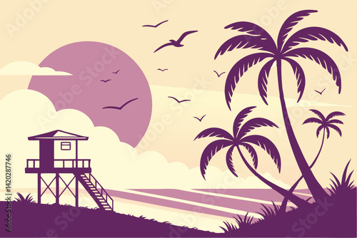 50 Tropical sunset beach, palm tree silhouettes, vibrant gradient sky, large sun, pastel colors, minimalist design, vector art style, purple ocean, lifeguard tower, seagulls, fluffy clouds, serene atm