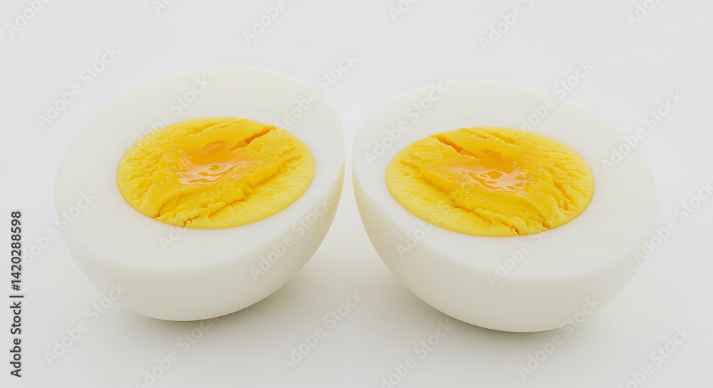 A perfectly cooked hard-boiled egg, cut in half to show the bright yellow yolk, placed on a white background A perfectly cooked hard-boiled egg, cut in half to show the bright yellow yolk, placed on a white background