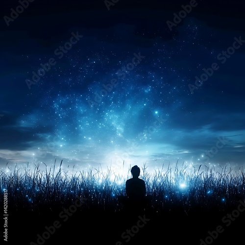 Silhouette Gazing at Starry Night Sky Field of Dreams Peaceful Contemplation Serene Cosmic Wonder.