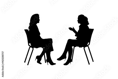 Two women in conversation, silhouette style, on a white background. Concept of communication