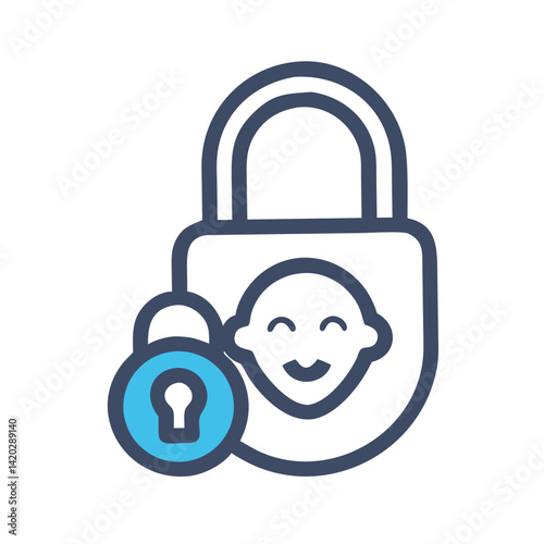 padlock with a smiling face icon in blue and gray colors, security concept for children

