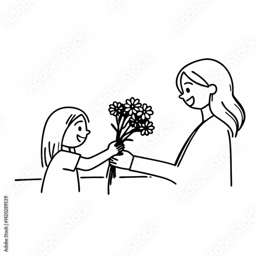 Mother and daughter exchanging flowers with smiles in a simple illustration  