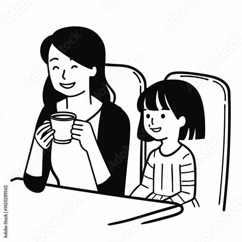 Mother and daughter smiling while enjoying a beverage together  