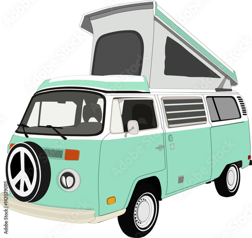 Retro turquoise camper van , peace not war symbol in front side 