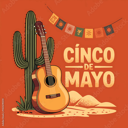 Rustic Mexican Fiesta Illustration with Guitar, Cactus and Banners for Cinco De Mayo Celebration