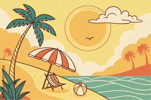 51 Tropical beach scene, bright cartoon style, vibrant colors, large sun, palm trees, beach umbrella, lounge chair, beach ball, sandy shore, calm ocean, fluffy clouds, flat illustration, vector art, c