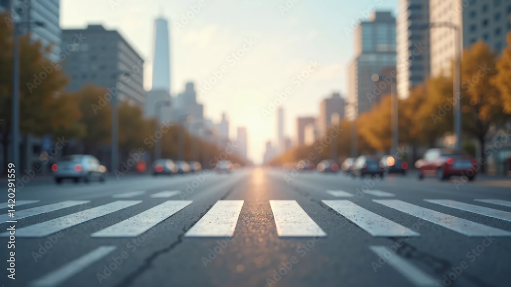 Fototapeta premium Urban Zebra Crosswalk on Asphalt Street – High-Contrast White and Black Pedestrian Path for Traffic Safety, Public Mobility, and City Transportation Background