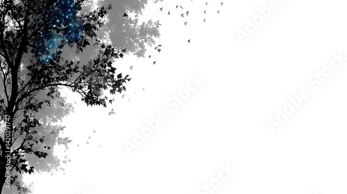 Silhouette Tree with Scattered Leaves and Celestial Glow on a White Canvas Background Abstract Art