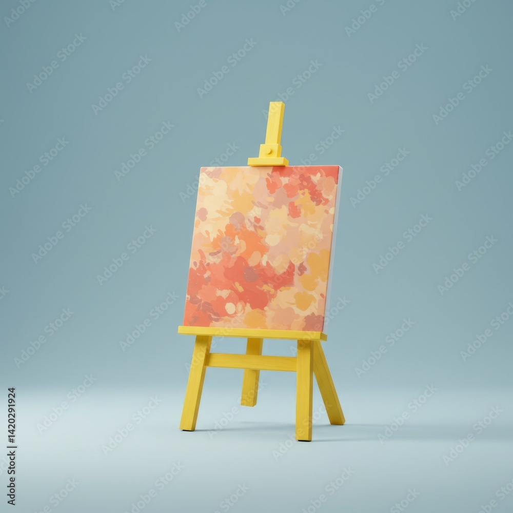 Abstract art on canvas with yellow easel in minimalist studio setting