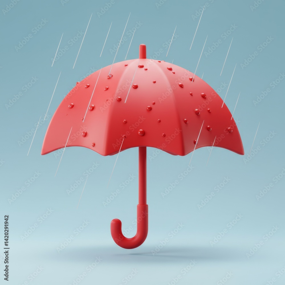 Vibrant red umbrella under raindrops in minimalist blue background design for weather concepts