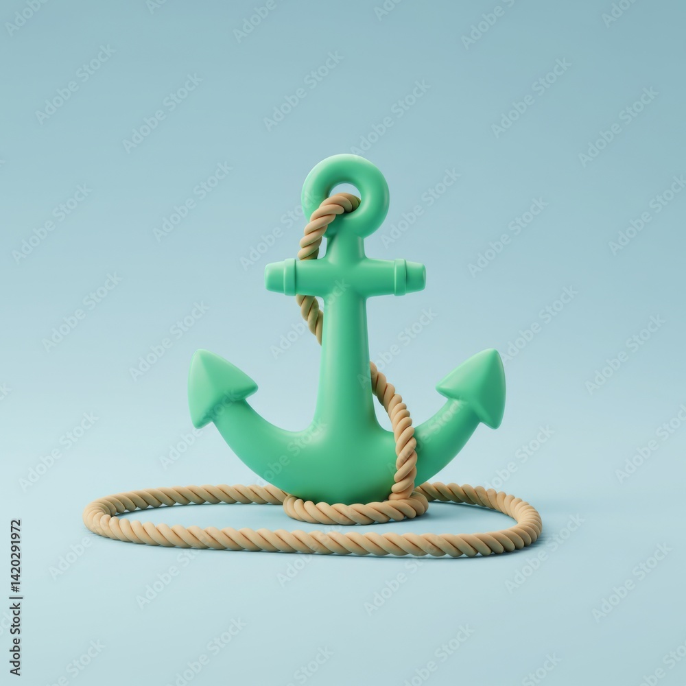 Nautical anchor and rope on light blue background for marine-themed design