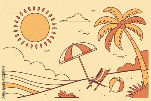 51 Tropical beach scene, bright cartoon style, vibrant colors, large sun, palm trees, beach umbrella, lounge chair, beach ball, sandy shore, calm ocean, fluffy clouds, flat illustration, vector art, c