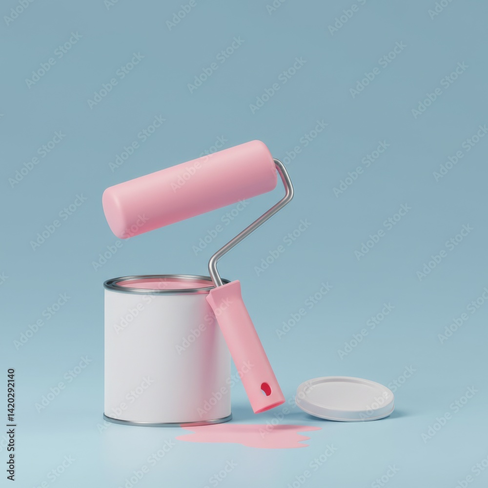 Pastel pink paint roller and can on blue background for interior design projects