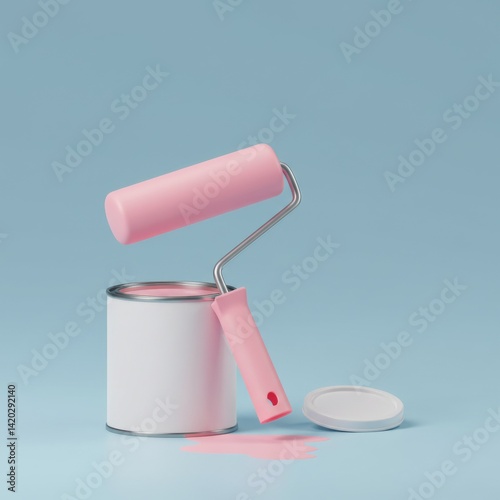 Obraz na płótnie Pastel pink paint roller and can on blue background for interior design projects w salonie