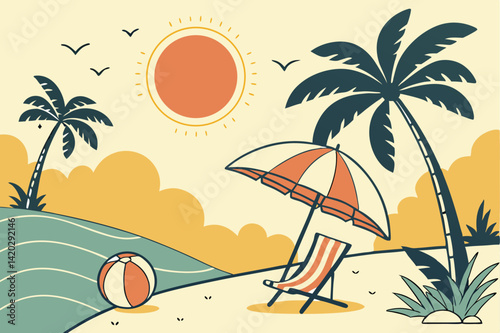 51 Tropical beach scene, bright cartoon style, vibrant colors, large sun, palm trees, beach umbrella, lounge chair, beach ball, sandy shore, calm ocean, fluffy clouds, flat illustration, vector art, c