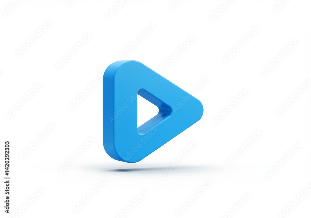 Minimalist blue play button icon on white background for digital media concept